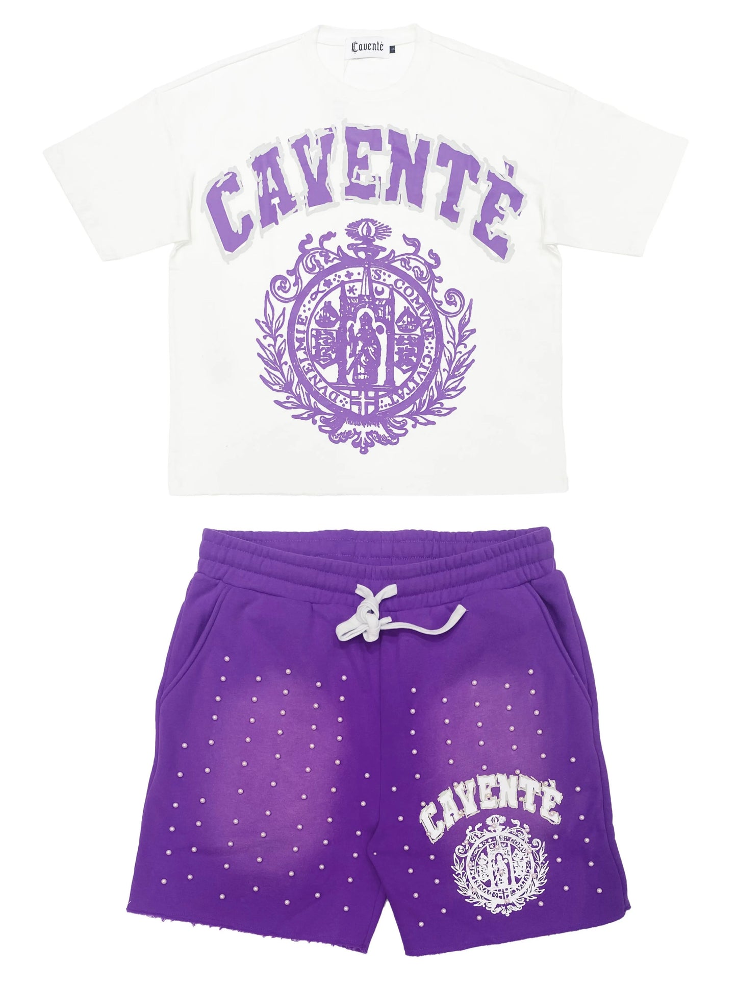 WHITE AND PURPLE PEARL TSHIRT AND SHORTS SET
