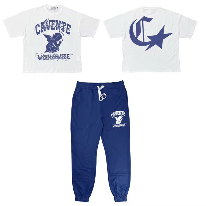 WHITE AND NAVY BLUE TSHIRT AND JOGGERS SET