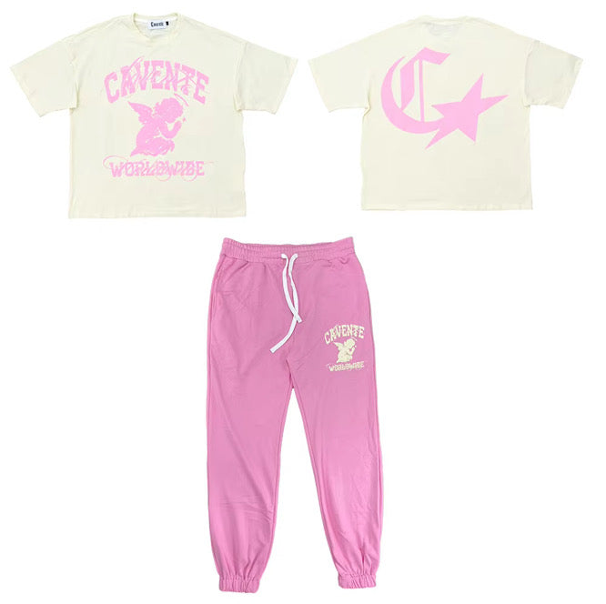 CREAM AND PINK TSHIRT AND JOGGERS SET