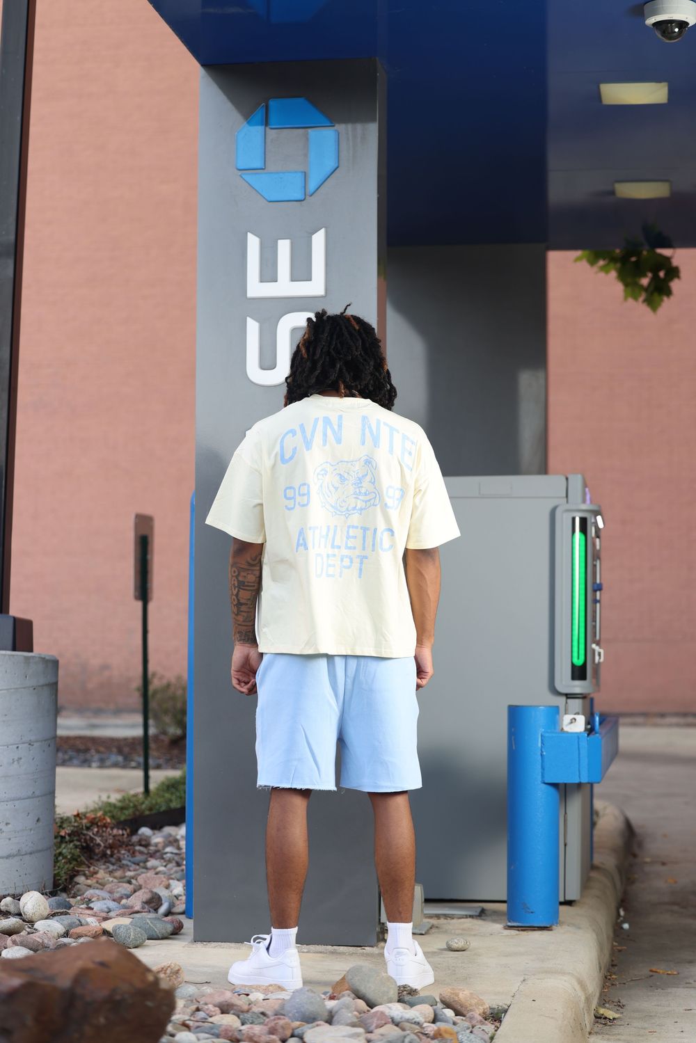 CREAM AND SKY BLUE TSHIRT AND SHORTS SET