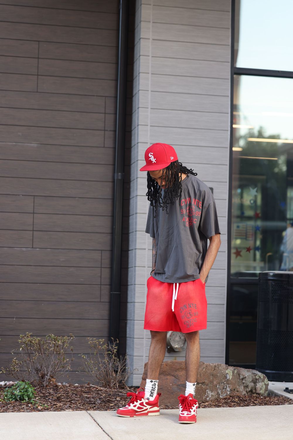 CHARCOAL GREY AND RED TSHIRT AND SHORT SET