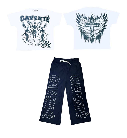 WHITE AND NAVY BLUE GRAPHIC TSHIRT AND PANTS SETS