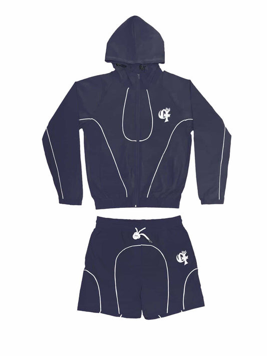 NAVY BLUE AND WHITE JACKET SHORTS SET