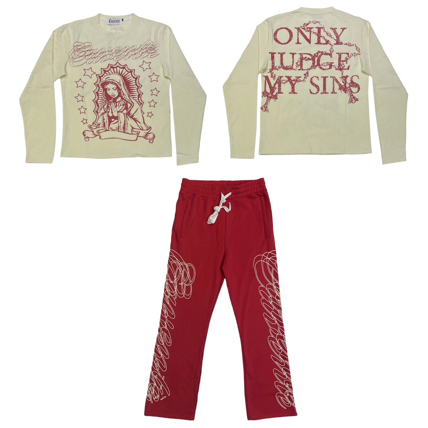 CREAM AND RED LONGSLEEVE TSHIRT AND PANTS SET