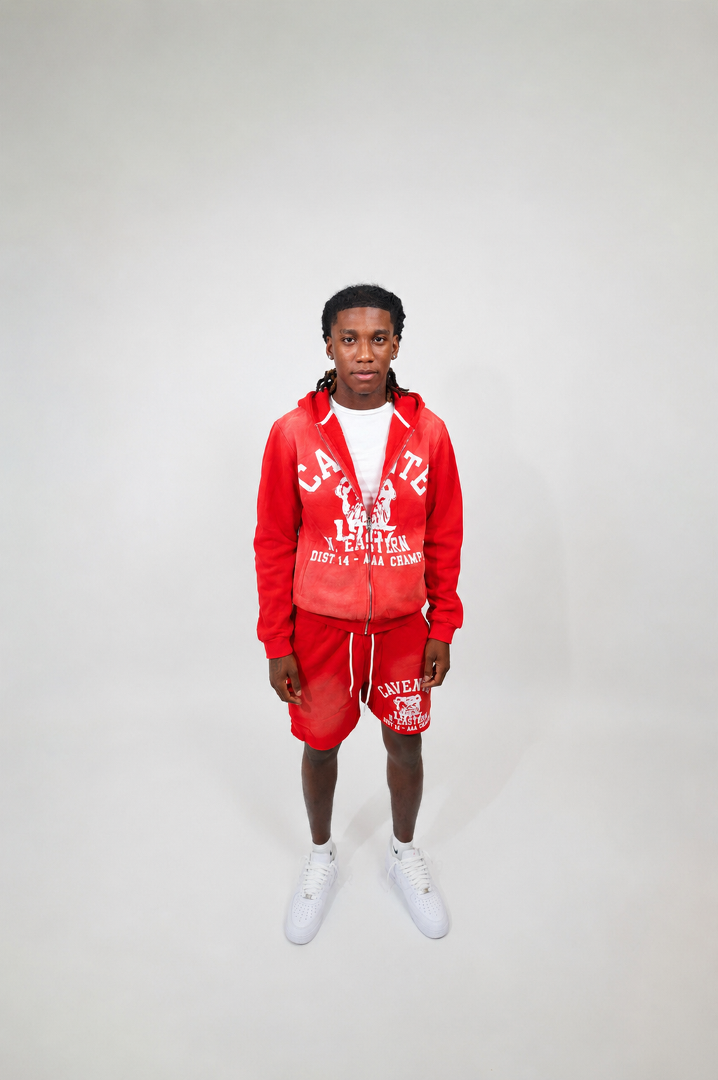 RED AND WHITE JACKET AND SHORTS SET
