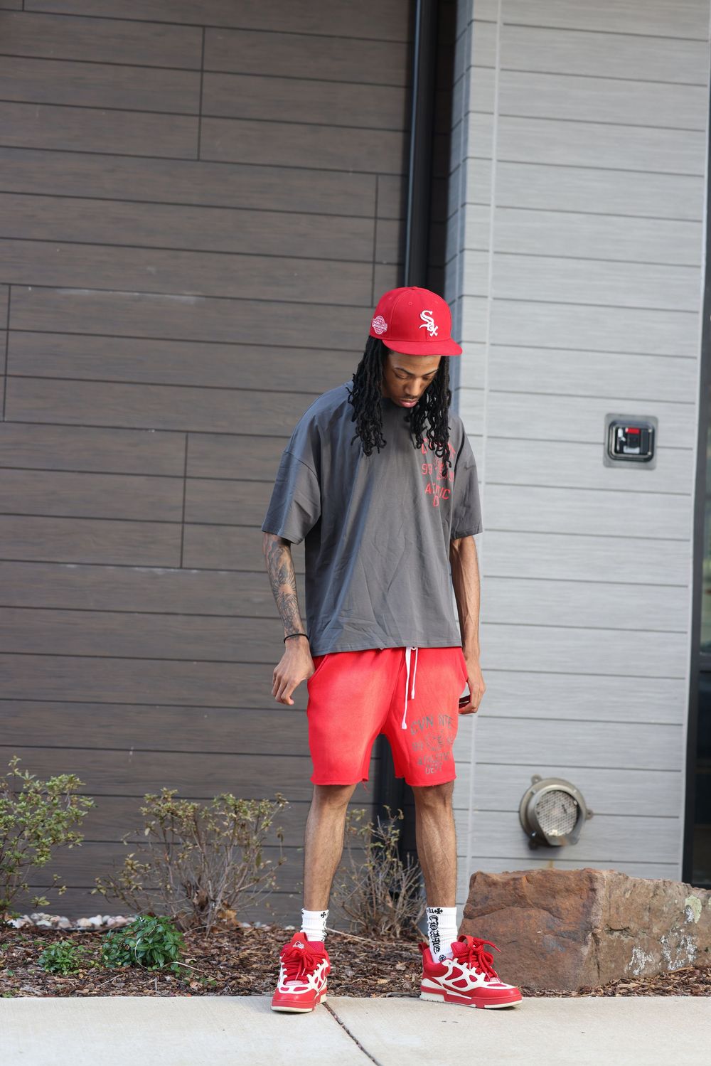 CHARCOAL GREY AND RED TSHIRT AND SHORT SET