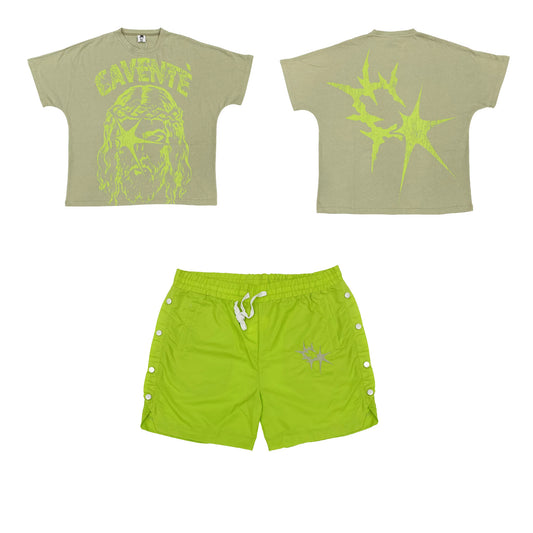 TAN AND GREEN TSHIRT AND SHORTS SET