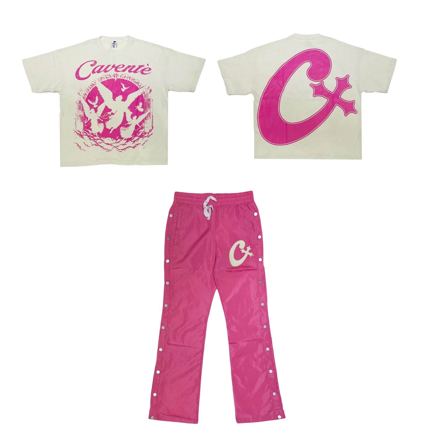 CREAM AND PINK GRAPHIC TSHIRT AND BUTTON PANTS