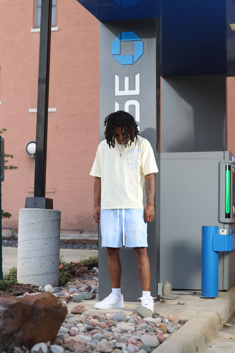 CREAM AND SKY BLUE TSHIRT AND SHORTS SET