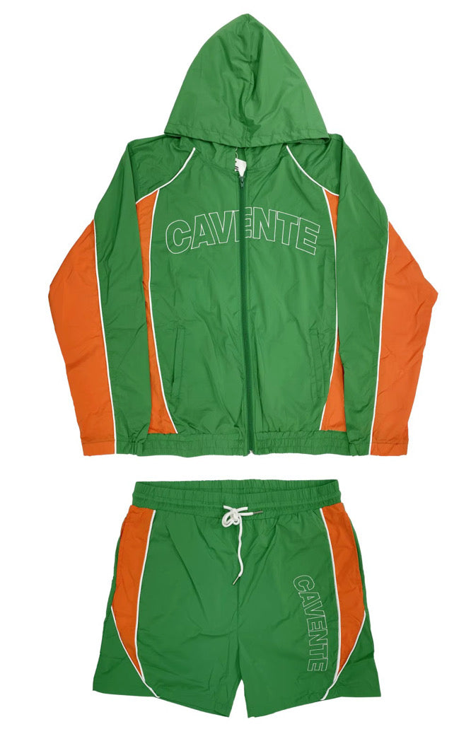 GREEN AND ORANGE JACKET AND SHORTS SET