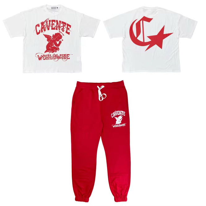 WHITE AND RED TSHIRT AND JOGGERS SET