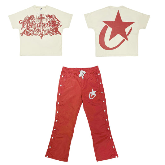 CREAM AND RED TSHIRT AND PANTS SET