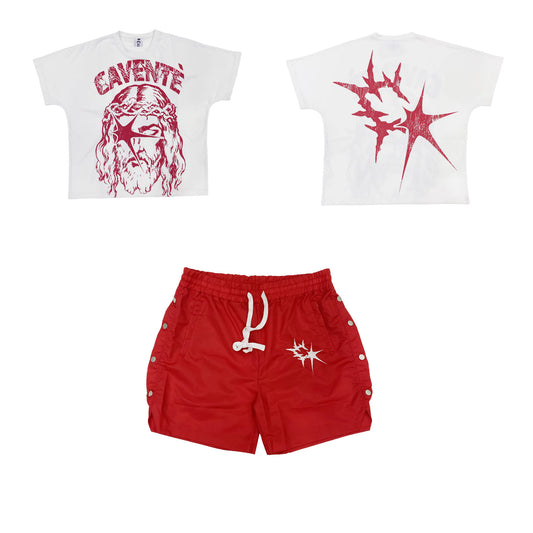 WHITE AND RED TSHIRT AND SHORTS SET