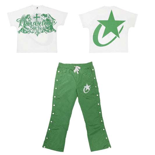 WHITE AND GREEN TSHIRT AND PANTS SET