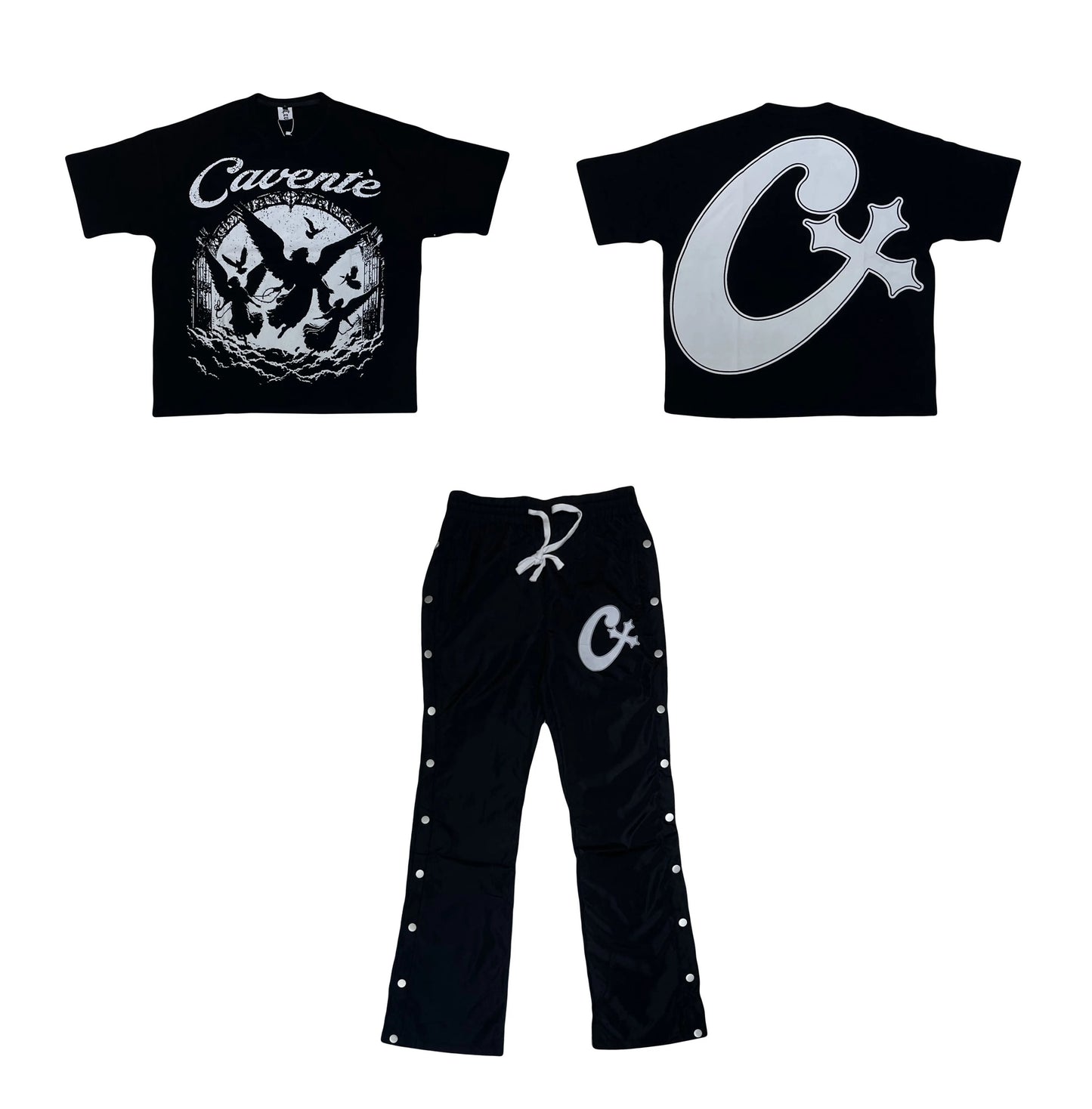 BLACK AND WHITE GRAPHIC TSHIRT AND BUTTON PANTS