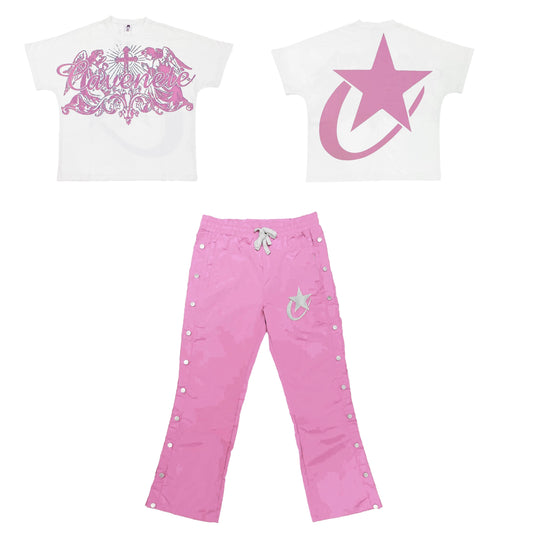 WHITE AND PINK TSHIRT AND PANTS SET