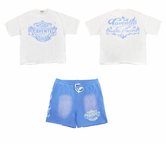 WHITE AND SKY BLUE TSHIRT AND SHORTS SET