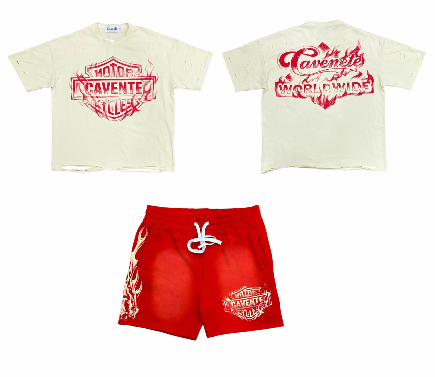 CREAM AND RED TSHIRT AND SHORT SET