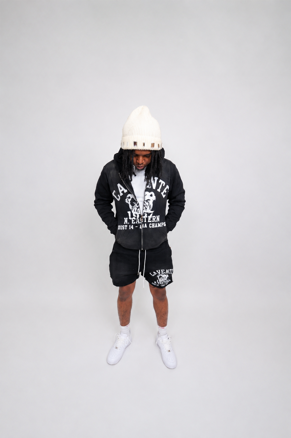 BLACK AND WHITE JACKET AND SHORTS SET