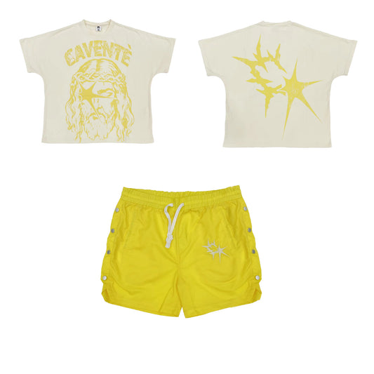 CREAM AND YELLOW TSHIRT AND SHORT SET