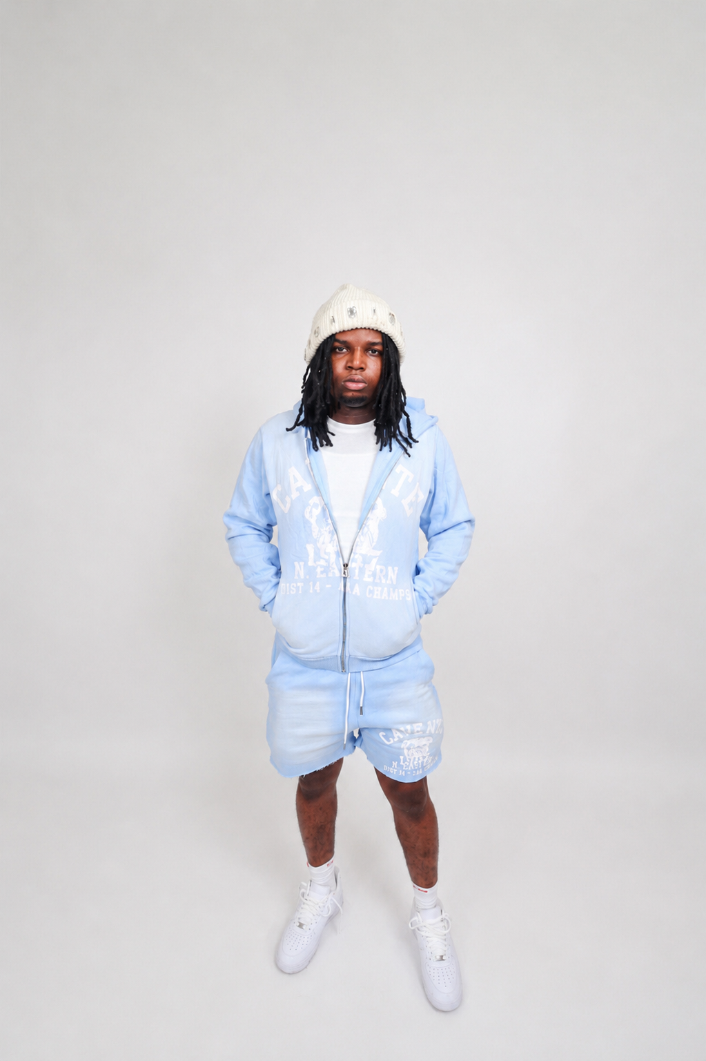 SKY BLUE AND WHITE JACKET AND SHORTS SET