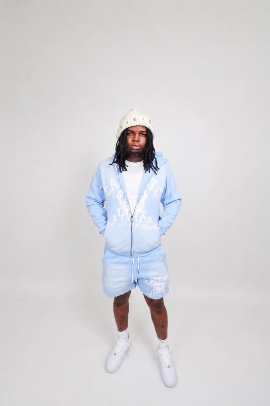 SKY BLUE AND WHITE JACKET AND SHORTS SET