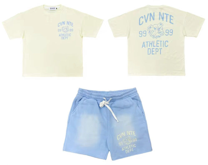 CREAM AND SKY BLUE TSHIRT AND SHORTS SET