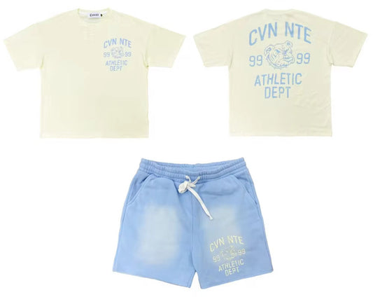 CREAM AND SKY BLUE TSHIRT AND SHORTS SET
