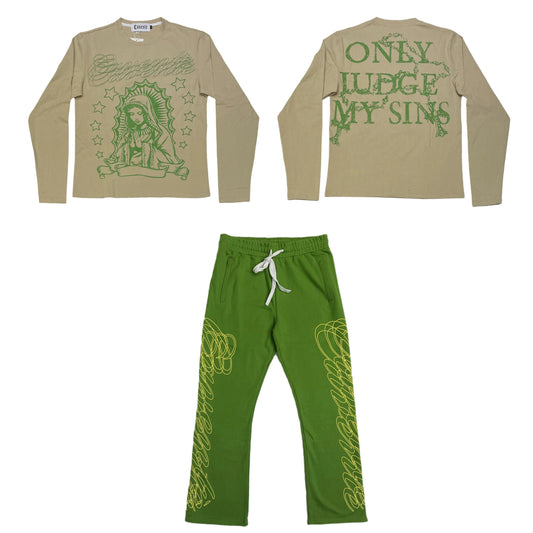 TAN AND GREEN LONGSLEEVE TSHIRT AND PANTS SET