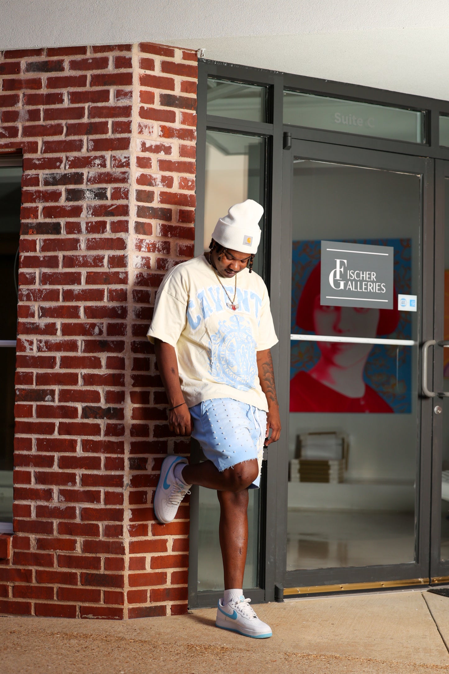CREAM AND SKY BLUE PEARL TSHIRT AND SHORTS SET