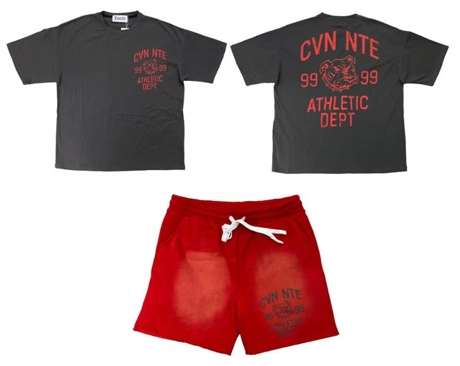 CHARCOAL GREY AND RED TSHIRT AND SHORT SET