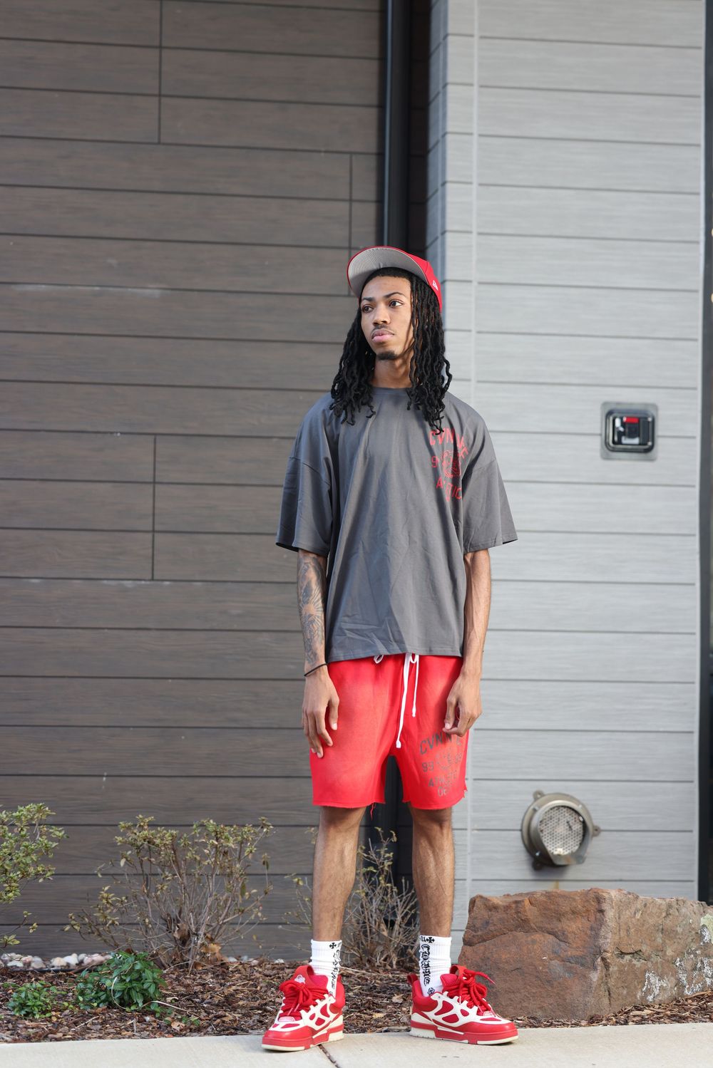 CHARCOAL GREY AND RED TSHIRT AND SHORT SET