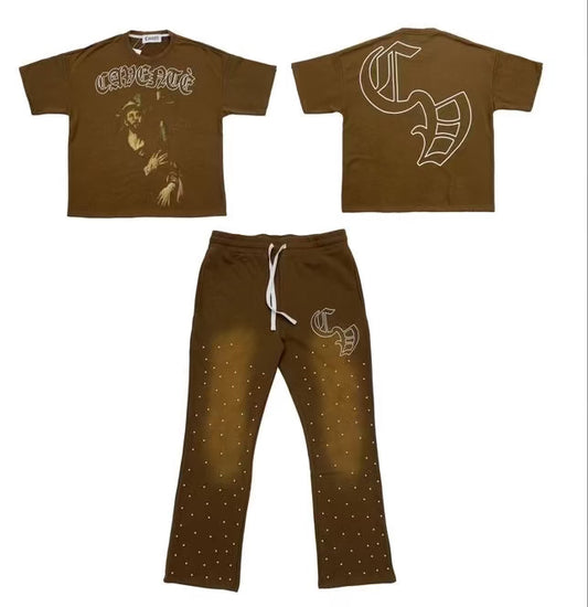 BROWN TSHIRT AND PANTS PEARL SET